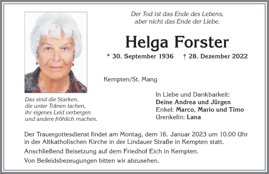 Traueranzeige von Helga Forster von Allgäuer Zeitung,Kempten