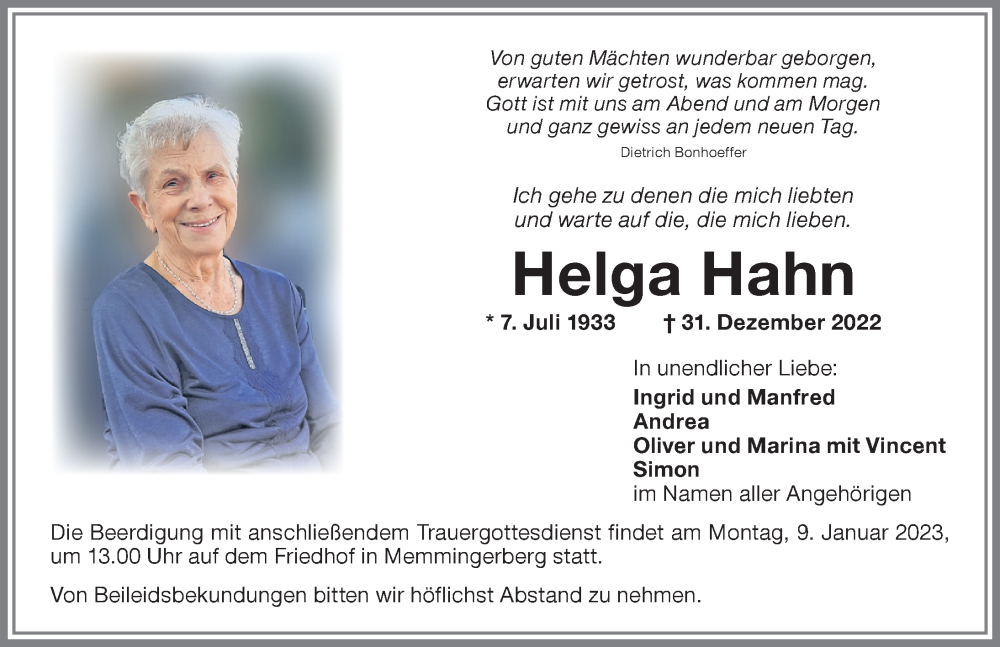  Traueranzeige für Helga Hahn vom 07.01.2023 aus Memminger Zeitung