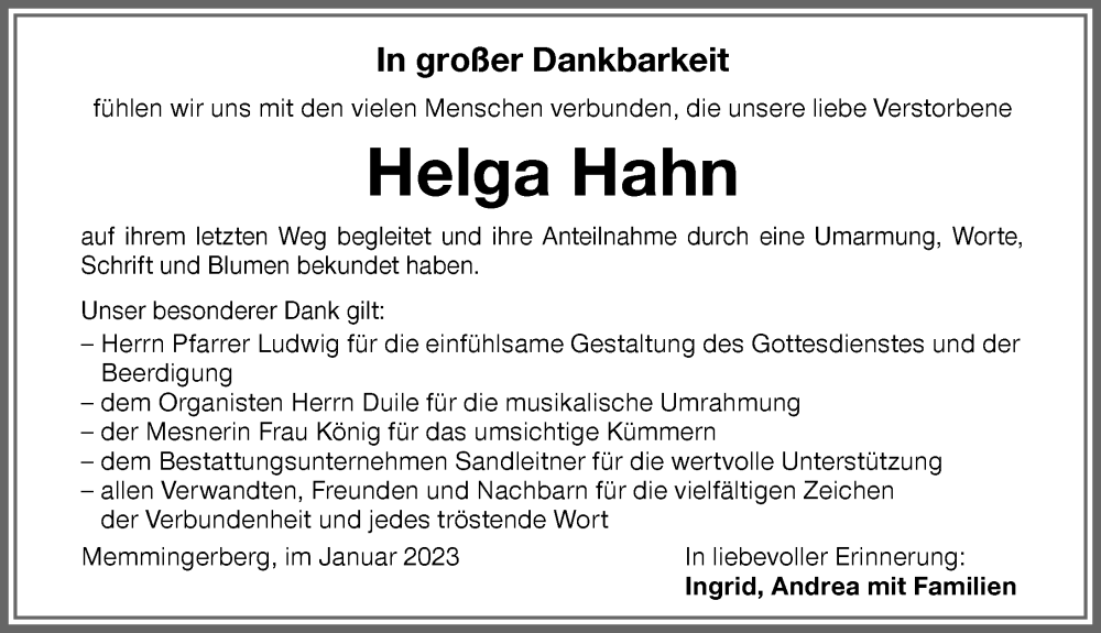  Traueranzeige für Helga Hahn vom 21.01.2023 aus Memminger Zeitung