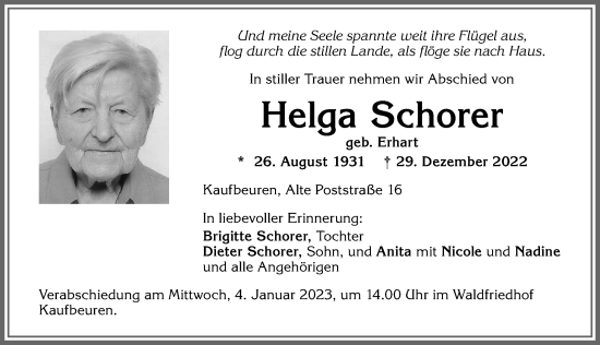 Traueranzeige von Helga Schorer von Allgäuer Zeitung, Kaufbeuren/Buchloe
