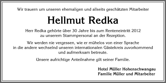 Traueranzeige von Hellmut Redka von Allgäuer Zeitung, Füssen