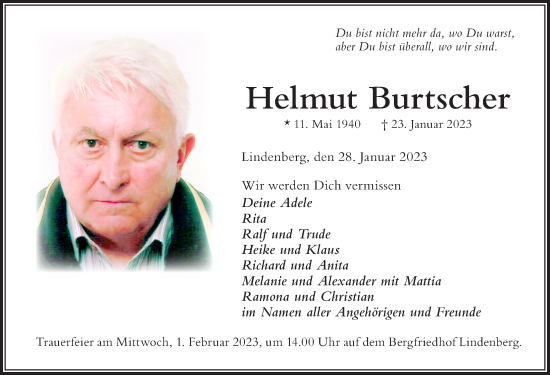 Traueranzeige von Helmut Burtscher von Der Westallgäuer
