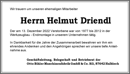 Traueranzeige von Helmut Driendl von Allgäuer Zeitung, Füssen