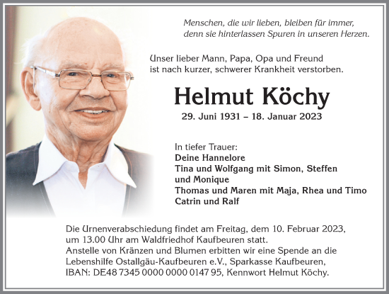 Traueranzeige von Helmut Köchy von Allgäuer Zeitung, Kaufbeuren/Buchloe