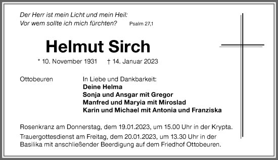 Traueranzeige von Helmut Sirch von Memminger Zeitung