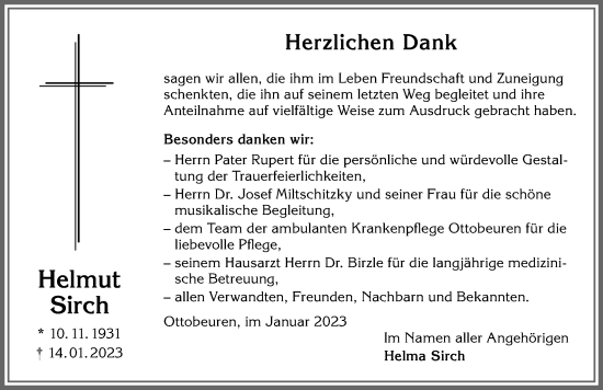 Traueranzeige von Helmut Sirch von Memminger Zeitung