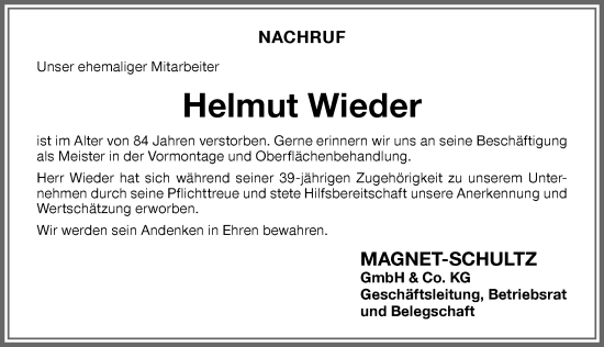 Traueranzeige von Helmut Wieder von Memminger Zeitung