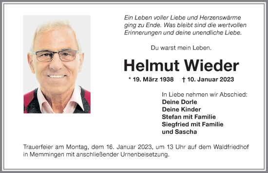 Traueranzeige von Helmut Wieder von Memminger Zeitung