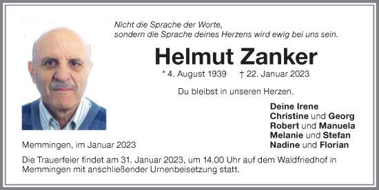 Traueranzeige von Helmut Zanker von Memminger Zeitung