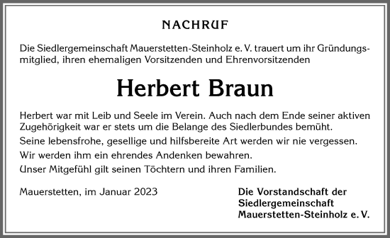 Traueranzeige von Herbert Braun von Allgäuer Zeitung, Kaufbeuren/Buchloe