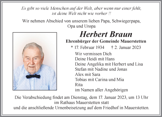 Traueranzeige von Herbert Braun von Allgäuer Zeitung, Kaufbeuren/Buchloe