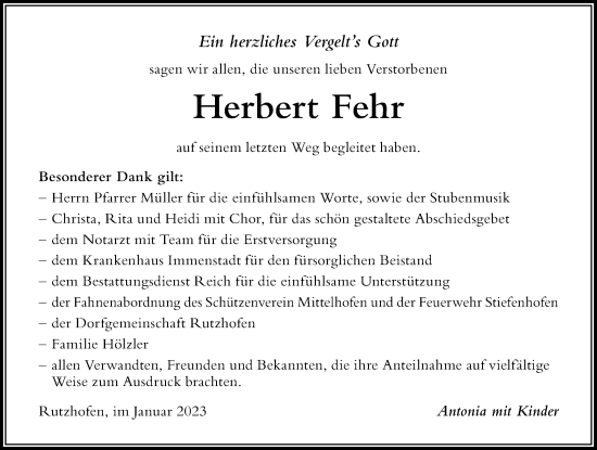 Traueranzeige von Herbert Fehr von Der Westallgäuer