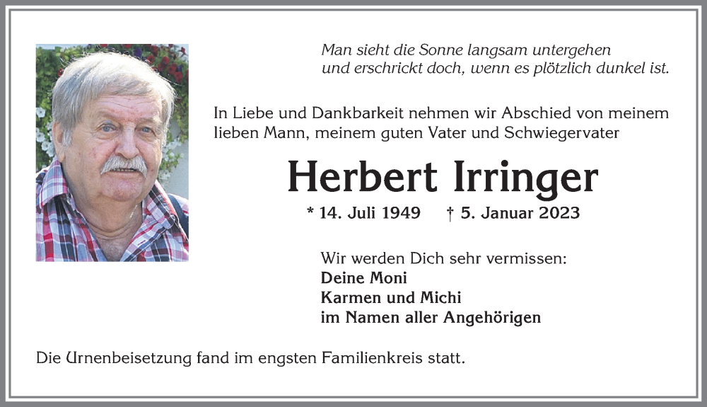  Traueranzeige für Herbert Irringer vom 21.01.2023 aus Allgäuer Zeitung,Kempten