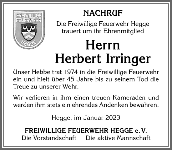 Traueranzeige von Herbert Irringer von Allgäuer Zeitung,Kempten