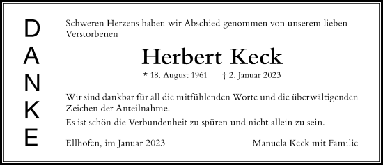 Traueranzeige von Herbert Keck von Der Westallgäuer