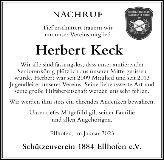 Traueranzeige von Herbert Keck von Der Westallgäuer
