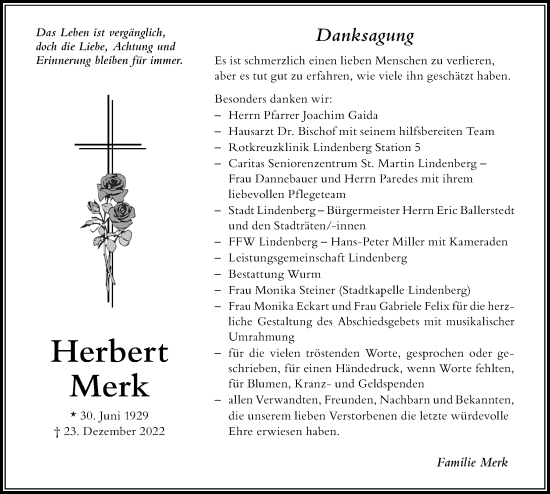 Traueranzeige von Herbert Merk von Der Westallgäuer