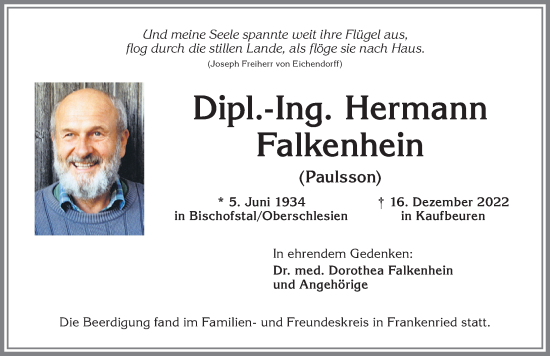 Traueranzeige von Hermann Falkenhein von Allgäuer Zeitung, Kaufbeuren/Buchloe