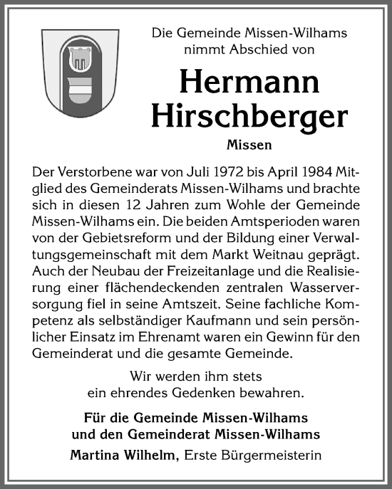 Traueranzeige von Hermann Hirschberger von Allgäuer Anzeigeblatt
