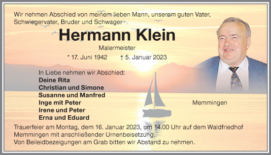 Traueranzeige von Hermann Klein von Memminger Zeitung