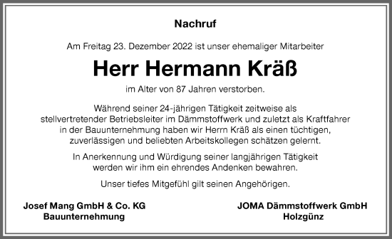 Traueranzeige von Hermann Kräß von Memminger Zeitung