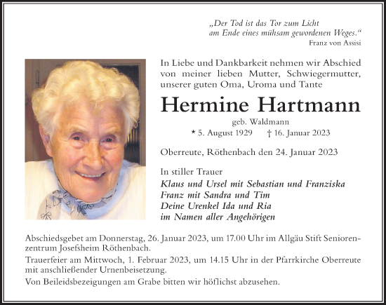 Traueranzeige von Hermine Hartmann von Der Westallgäuer
