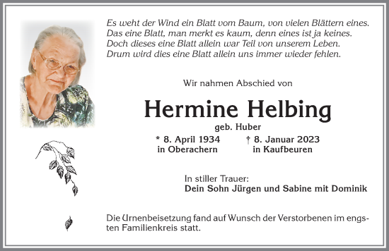 Traueranzeige von Hermine Helbing von Allgäuer Zeitung, Kaufbeuren/Buchloe