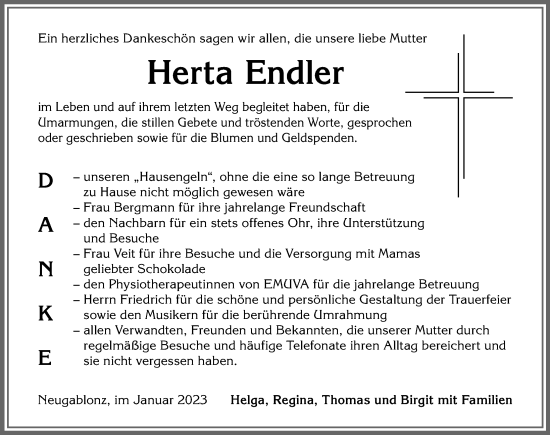 Traueranzeige von Herta Endler von Allgäuer Zeitung, Kaufbeuren/Buchloe
