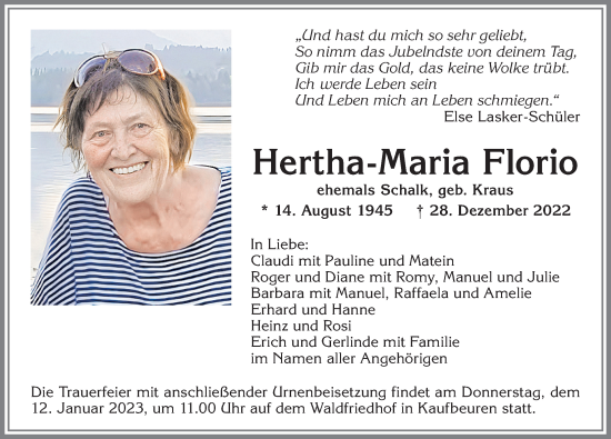 Traueranzeige von Hertha-Maria Florio von Allgäuer Zeitung, Kaufbeuren/Buchloe