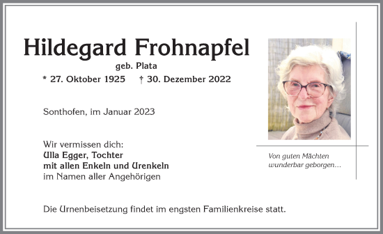 Traueranzeige von Hildegard Frohnapfel von Allgäuer Anzeigeblatt