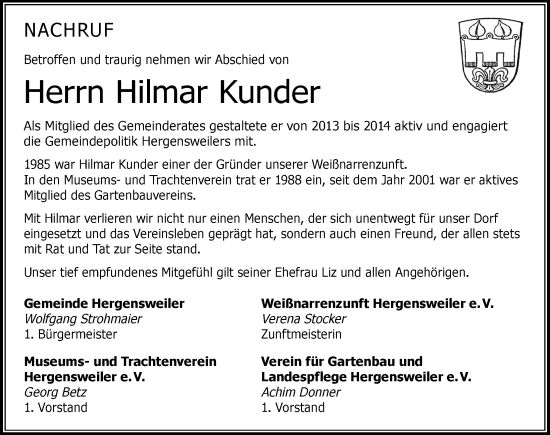 Traueranzeige von Hilmar Kunder von Der Westallgäuer