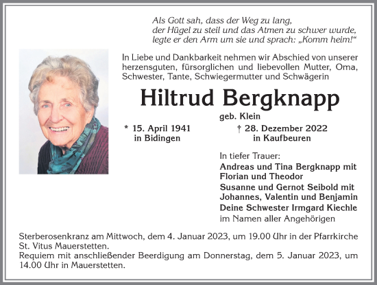 Traueranzeige von Hiltrud Bergknapp von Allgäuer Zeitung, Kaufbeuren/Buchloe