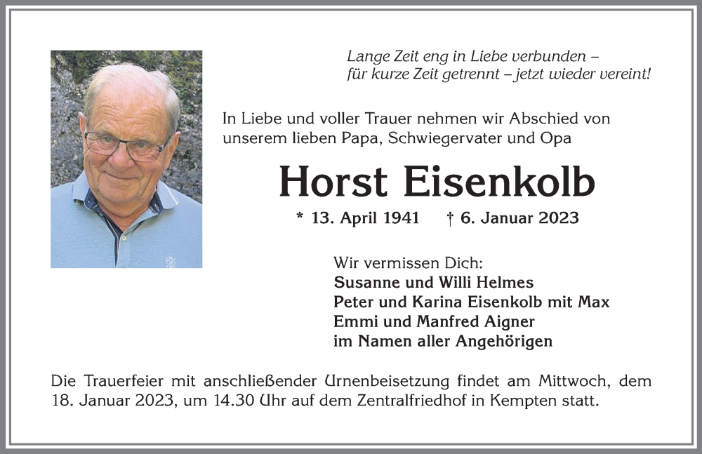  Traueranzeige für Horst Eisenkolb vom 14.01.2023 aus Allgäuer Zeitung,Kempten
