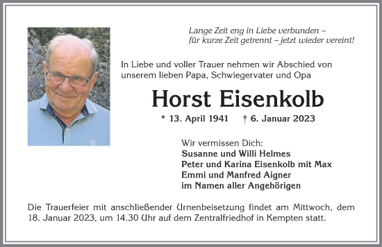 Traueranzeige von Horst Eisenkolb von Allgäuer Zeitung,Kempten