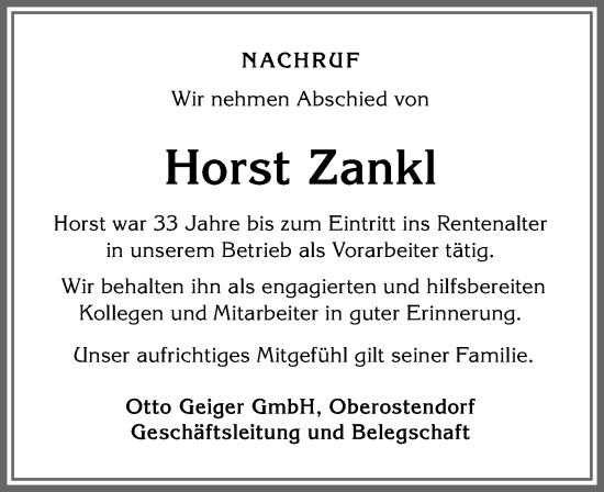 Traueranzeige von Horst Zankl von Allgäuer Zeitung, Kaufbeuren/Buchloe