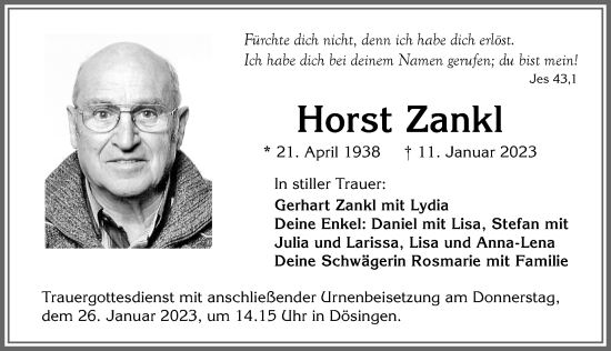 Traueranzeige von Horst Zankl von Allgäuer Zeitung, Kaufbeuren/Buchloe