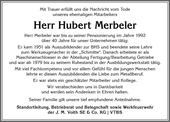 Traueranzeige von Hubert Merbeler von Allgäuer Anzeigeblatt