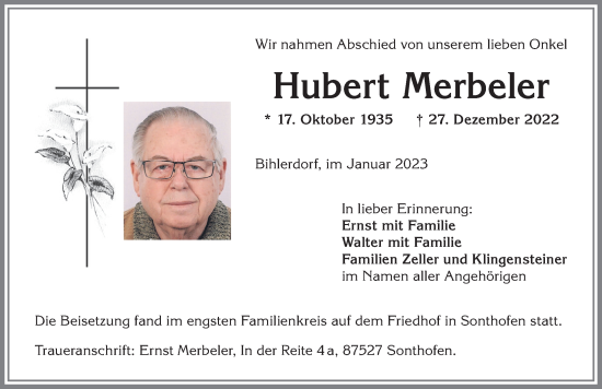Traueranzeige von Hubert Merbeler von Allgäuer Anzeigeblatt