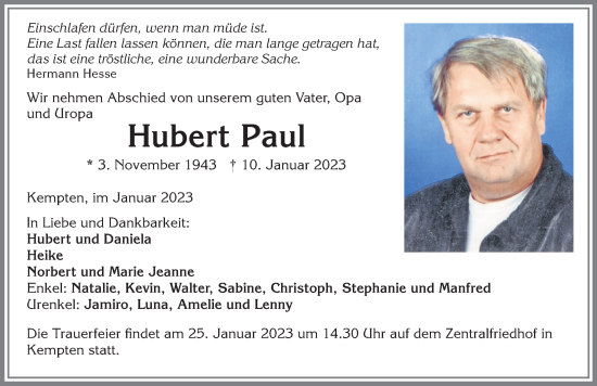 Traueranzeige von Hubert Paul von Allgäuer Zeitung,Kempten