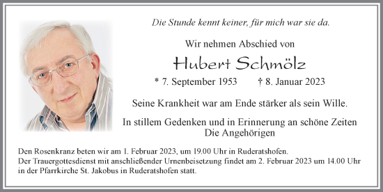 Traueranzeige von Hubert Schmölz von Allgäuer Zeitung, Marktoberdorf