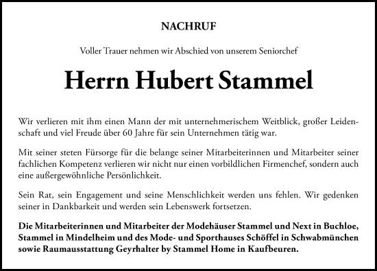 Traueranzeige von Hubert Stammel von Augsburger Allgemeine, Landsberger Tagblatt, Schwabmünchner Allgemeine, Mindelheimer Zeitung