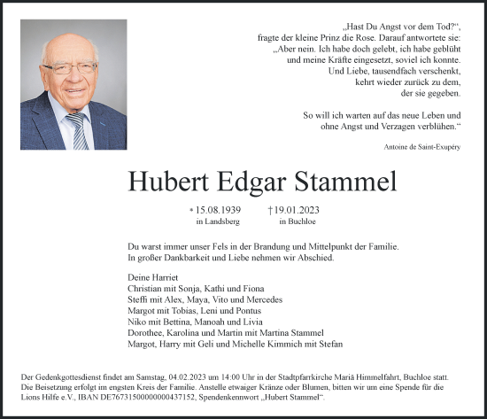 Traueranzeige von Hubert Edgar Stammel von Mindelheimer Zeitung, Landsberger Tagblatt, Schwabmünchner Allgemeine, Augsburger Allgemeine