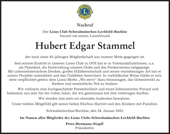Traueranzeige von Hubert Edgar Stammel von Augsburger Allgemeine, Schwabmünchner Allgemeine