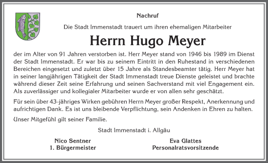 Traueranzeige von Hugo Meyer von Allgäuer Anzeigeblatt