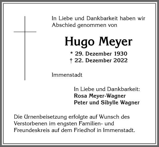 Traueranzeige von Hugo Meyer von Allgäuer Anzeigeblatt