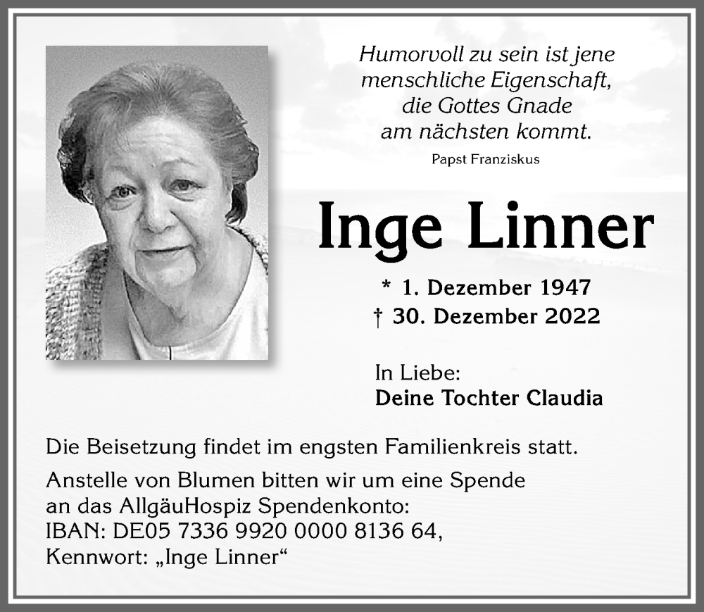  Traueranzeige für Inge Linner vom 14.01.2023 aus Allgäuer Zeitung,Kempten