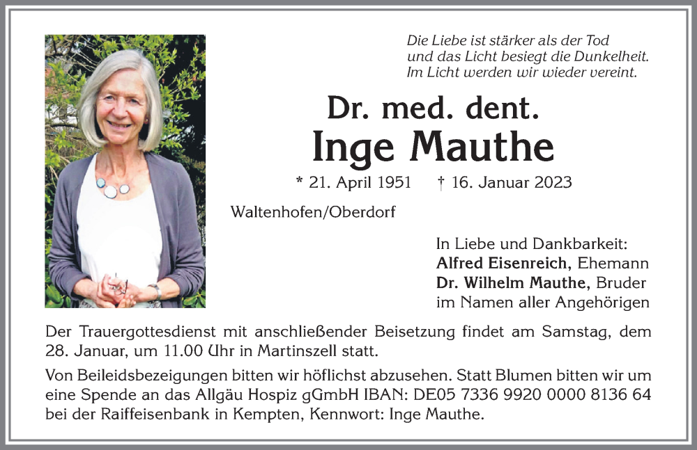  Traueranzeige für Inge Mauthe vom 25.01.2023 aus Allgäuer Anzeigeblatt