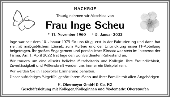 Traueranzeige von Inge Scheu von Allgäuer Anzeigeblatt