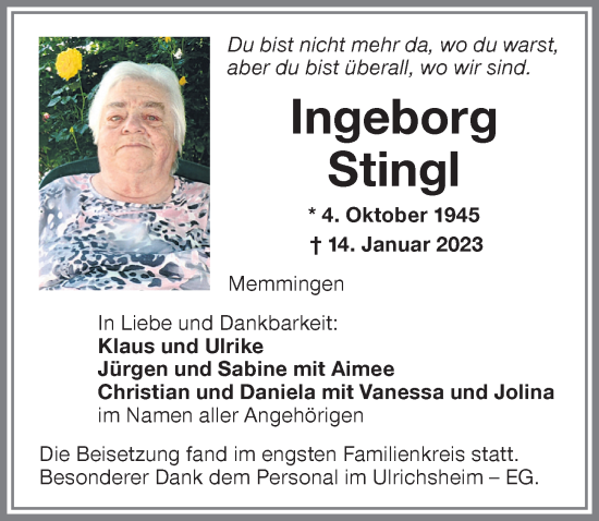 Traueranzeige von Ingeborg Stingl von Memminger Zeitung