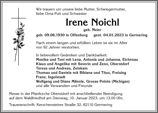 Traueranzeige von Irene Noichl von Allgäuer Anzeigeblatt